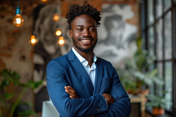 Portrait of a Confident Young African American Businessman Standing in Office in a Blue Business Suit. Successful Corporate Manager Posing for Camera with Crossed Arms, Smiling Cheerfully