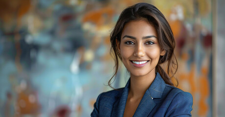 Portrait of a Confident Young Indian Businesswoman Standing in Office in a Blue Business Suit. Successful Corporate Manager Posing for Camera with Crossed Arms, Smiling Cheerfull