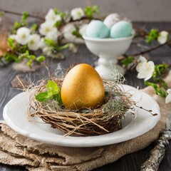 Wall Mural - Easter Delight: One Egg Nestled in a White Plate