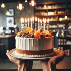 Birthday cake, with candles, being presented by staff in cafe environment
