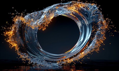 Poster - Dynamic Circular Liquid Motion, Abstract Explosion on Black Background, Ideal Presentation Banner