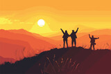 Fototapeta Konie - Group of people on the mountain, Silhouettes of happy friends sunset background, Group of friends in the sunset