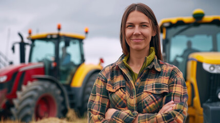 Proud attractive confident woman farmer standing in front of agricultural tractor, banner, copy space