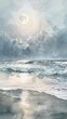 Moonlit seashore, soft silver tones, low angle, serene, watercolor glow