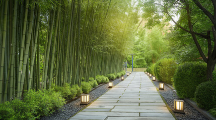 Stone walkway with the bamboo tree on beside of the walkway, lifestyle concept for living with the nature