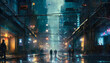 A dirty, grimy, rainy, smoky dystopian city on a narrow street with crowds on digital art concept.