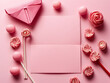 Valentine's card with a blank for a love letter, pink envelope, gift, and pink lollipops as heart on a pink background. View from above. Copy space design.