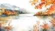 Watercolor depiction of a serene autumn lake surrounded by foliage, on white