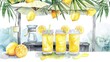 Watercolor illustration of summer lemonade stand, refreshing and bright on white