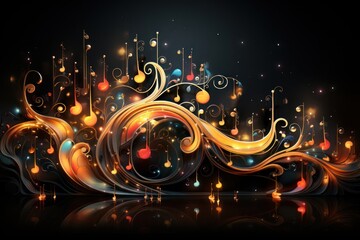 Poster - Dynamic Musical Notes and Lights on Black Background Generative AI