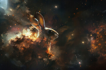Wall Mural - A surreal artwork that creatively juxtaposes a rabbit with vibrant cosmic clouds, conveying a sense of wonder