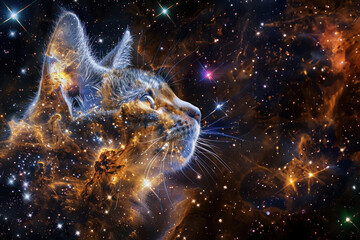Wall Mural - A domestic cat seemingly made of stardust gazes into space, hinting at curiosity and exploration