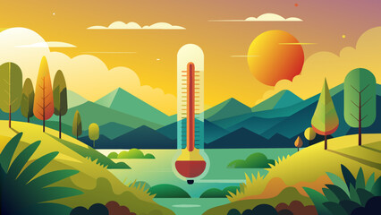 Wall Mural - Warm Temperature,Thermometer on Yellow Sky with Bright Sun Summer Shows More Time