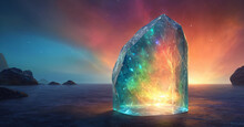 Fantasy Landscape With A Large Crystal In The Middle Of The Sea At Sunset