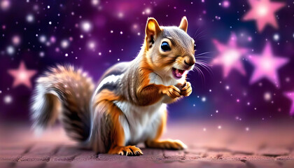 Poster - A digital painting of a squirrel with a dreamlike background of pink and purple stars.