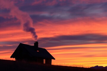 Wall Mural - lone cabin with chimney smoke, surrounded by sunset colors
