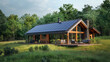 Generic modern house with photovoltaic solar cells on the roof for alternative energy production
