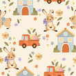 Seamless pattern with Easter Bunnies, houses and cars. Printing on paper and fabric.