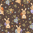 Seamless pattern with Easter Bunnies and floral background.