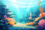 Fototapeta Do akwarium - Under sea landscape. Cartoon underwater world with coral reef, fish, sand and plants. Flat ocean sea background