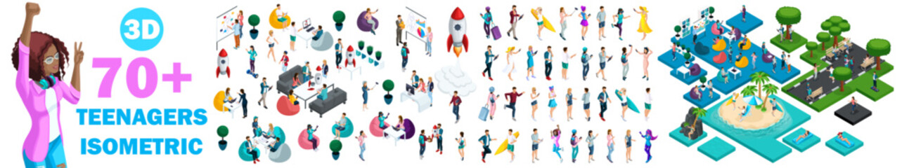 Poster - big kit isometry, 3d teenagers. location, accessories, office. startup and investment, teamwork of f