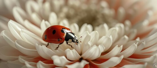 Wall Mural - An arthropod, a ladybug, is perched on a white flower, a common pollinator in nature. The closeup view shows the pest control insect resting on the petal of a flowering plant