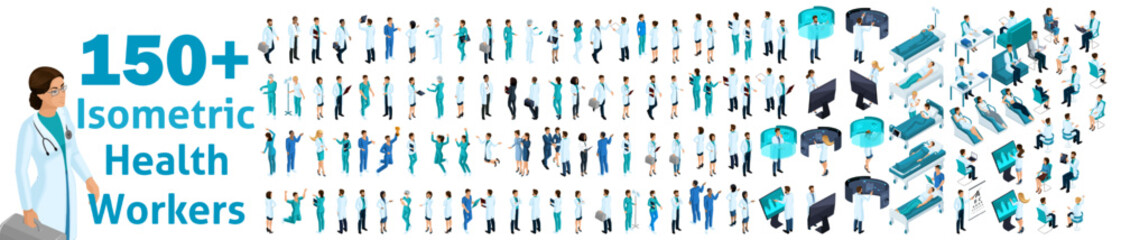 Poster - Large set of isometric, 3D Health workers, medical staff, nurses, doctors. Recruitment of doctors work with patients
