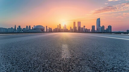 Wall Mural - Empty asphalt road and modern city skyline with building scenery at sunset. high angle view - generative ai