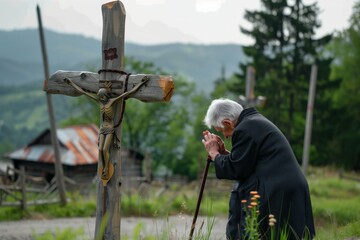 elderly person with walking stick praying near rustic cross