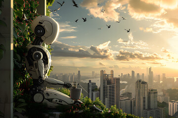 Poster - artificial intelligence, robot thinking about world, looking at the city. futuristic concept.