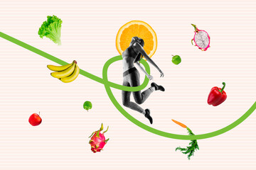 Canvas Print - Creative collage image of healthy nutrition lifestyle concept food jumping girl sportswoman athlete billboard comics zine minimal