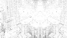 Pixel Disintegration, Decay Effect. Various Rectangular Elements Made Of Round Shapes. Pixel City View Background.