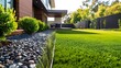 © Rohit - front yard landscaping: contemporary lawn turf with wooden edging and artificial grass clean design and boundary decoration