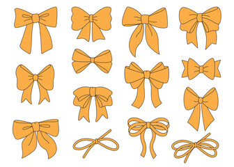 Wall Mural - Set of yellow simple decorative holiday ribbon bows for gifts, for decorating hair on transparent background. For gift wrapping for birthday, Christmas, New Year. Isolated Flat Vector EPS10