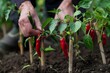 person tying chili pepper plants to support stakes