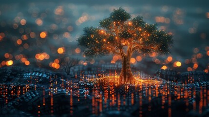 Poster - Tree with capital, investment or stock market concept on a futuristic polygonal graph with numbers. Modern illustration with light effects.