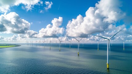 Aufkleber - Offshore windmill park with clouds and a blue sky. Flevoland Netherlands Ijsselmeer windmill park aerial view.