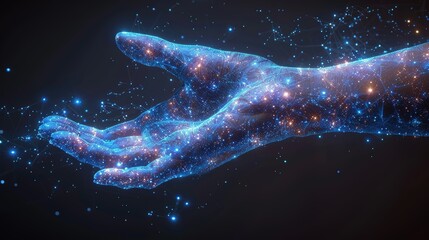 Fototapete - An abstract image of a blue giving hand holding a pin. Low polygon style design. Navigation concept. Modern 3D graphic geometric background. Wireframe light connection structure. Isolated modern