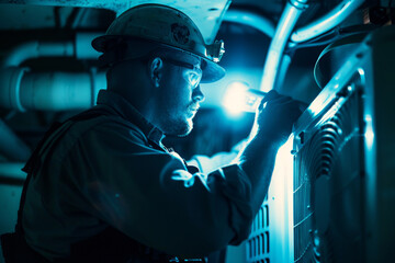 An abstract image of an air conditioner installer at work in a dark room. The installer flashlight illuminates the work area, creating a dramatic lighting effect