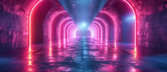 Wall Mural - The Shadowed Spectrum: Exploring 3D futuristic sci-fi empty space pathways decorated with neon purple and black light strips in cyberpunk colors