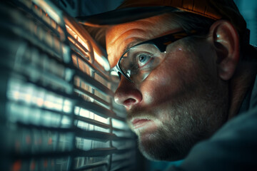 Poster - A close-up shot of an air conditioner installer face. The installer is focused on their work, their face lit by the light from the unit they are installing