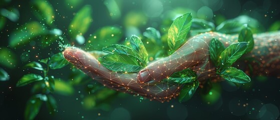 Aufkleber - The abstract giving hand with falling green leaves has a low poly style design. A blue geometric background supports the wireframe light connection structure. A modern graphic ecology concept is
