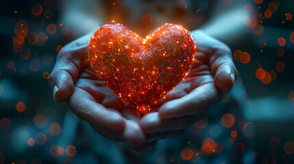 Fototapete - Isolated  illustration of abstract nands holding red hearts. Low poly style design. Abstract geometric background. Wireframe light connection structure.  illustration in a 3D style.