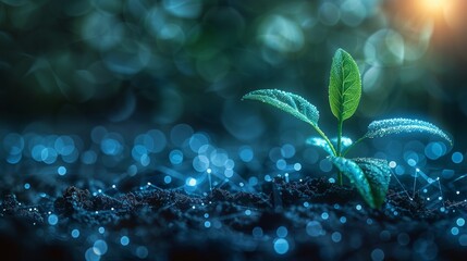 Poster - A green plant sprout and a cogwheel. A pixelated design of a biotechnology concept. Modern 3D graphics isolated on a blue geometric background with wireframe light connections.