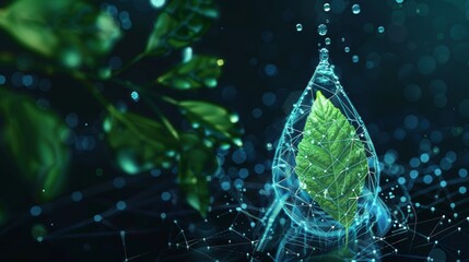 Aufkleber - Water droplet with green leaves inside. Low poly style design. Abstract geometric background. Wireframe light connection structure. Modern 3D graphic ecological concept.  illustration.