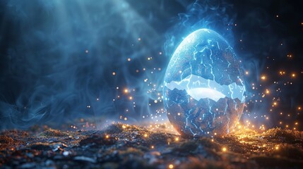 Leinwandbilder - Digital illustration of an egg breaking in the shape of a banner with light neon effects. Illustration of rays of light coming from the crack.