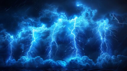 Aufkleber - Electric thunderbolt strike with blue color during night storm, impact, crack, magical energy flash. Isolated on black background.