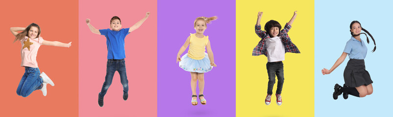 Wall Mural - Group of children jumping on color backgrounds, set of photos