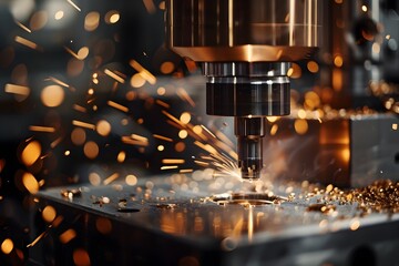 Wall Mural - High-Speed CNC Machine Precisely Creates Metal Parts in Industrial Workshop with Motion Blur,Bokeh,and Dark Gold Aesthetic
