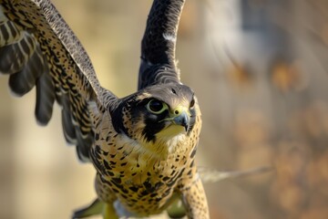 Wall Mural - falcon passing close to camera with eye detail visible